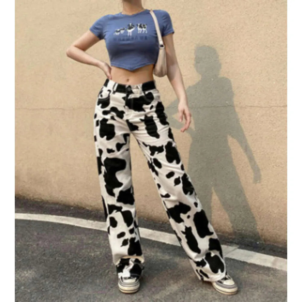 Street Style Women's Clothing  Summer Trendy Brand Cow Print High Waisted Straight Leg Casual Jeans and Floor Mop Pants