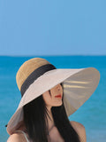 peopleterritory Women Summer Travel Large Brim Sunproof Spliced Hat QW1036