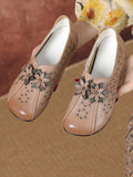 peopleterritory Women Vintage Leather Flower Cutout Flat Shoes KL1034