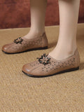 peopleterritory Women Vintage Leather Flower Cutout Flat Shoes KL1034