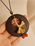 peopleterritory Women Alloy Leaf Round Wooden Sweater Necklace KL1042