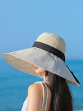 peopleterritory Women Summer Travel Large Brim Sunproof Spliced Hat QW1036