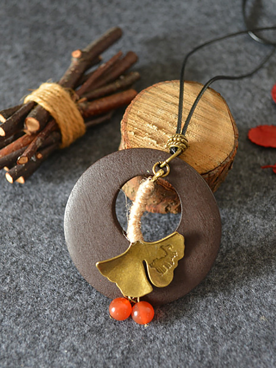 peopleterritory Women Alloy Leaf Round Wooden Sweater Necklace KL1042