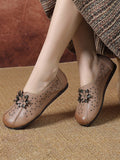 peopleterritory Women Vintage Leather Flower Cutout Flat Shoes KL1034