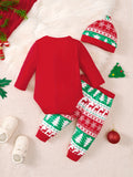 Christmas Three-Piece Suit Baby Boy Cute Christmas Tree Letter Print Knitted Fabric Three-Piece Suit + Hat Christmas Style, For Outdoor