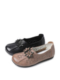 peopleterritory Women Vintage Leather Flower Cutout Flat Shoes KL1034