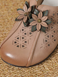 peopleterritory Women Vintage Leather Flower Cutout Flat Shoes KL1034