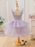 Midi Length Girls Princess Birthday Dress - Mesh Tulle Stitching, Sleeveless, Layered Tutu, Solid Color, Casual Style, Cotton Fabric, Knit Construction - Perfect for Summer Party Outfit