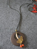 peopleterritory Women Alloy Leaf Round Wooden Sweater Necklace KL1042