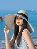 peopleterritory Women Summer Travel Large Brim Sunproof Spliced Hat QW1036