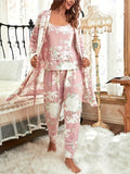 Luxurious Floral Print Pajama Set - Stylish Belted Cardigan & Soft Cami Top with Elastic Pants - Elegant Womens Sleepwear for Comfortable Nightly Bliss