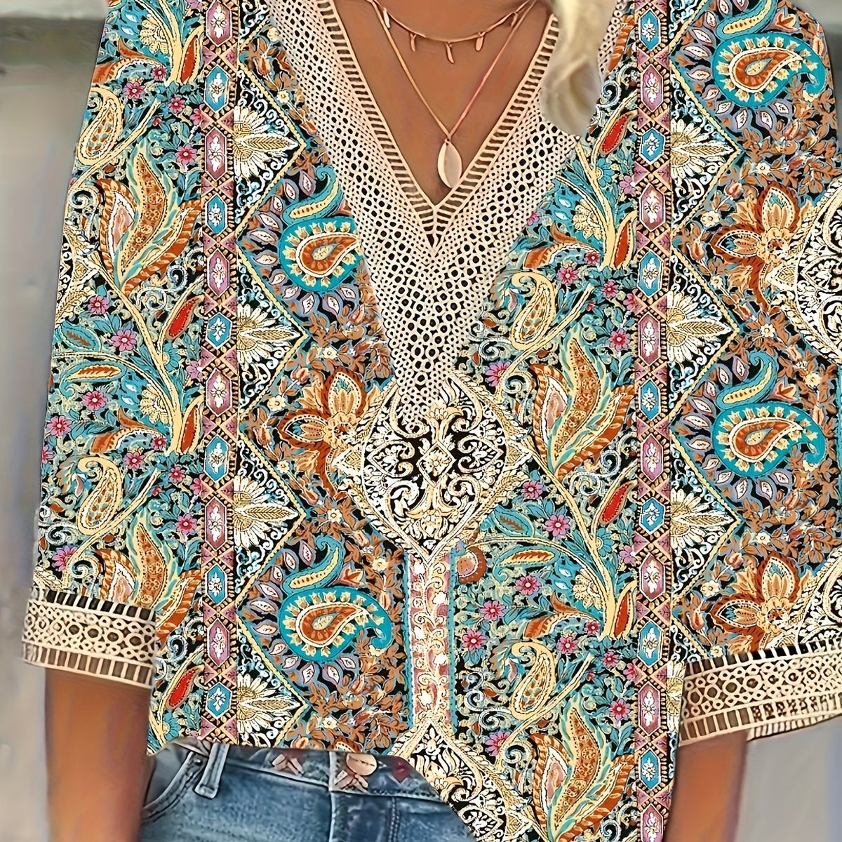 Plus Size Paisley Print V Neck Blouse - Relaxed Fit, Comfortable Non-Stretch Polyester, Random Pattern, Short Sleeve, Casual Vacation Shirt for Spring and All Seasons - Womens Stylish Shirting