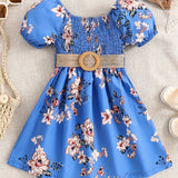 Toddler Girls Floral Graphic Puff Sleeve Shirred Belted Princess Dress For Party Beach Vacation Kids Summer Clothes