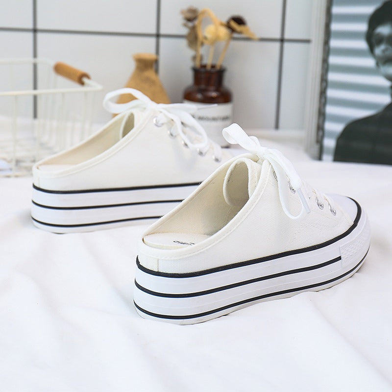 peopleterritory Summer New Heelless Lazybones' Shoes Women's Height Increasing Insole Canvas Shoes Half Slippers Slip-on Platform Leisure Cloth Shoes