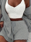 Luxurious Womens Fuzzy Pajama Set - Cozy Hooded Robe, Soft Tank Top & Drawstring Shorts - Ultimate Sleep & Lounging Comfort