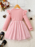 For Toddler Girls, Vintage Sequin Flutter Trim Long Sleeve Tutu Dress for Spring, Fall, Christmas Party Gift