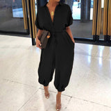 2020 European and American New Jumpsuit Casual Jumpsuit Women's Short-Sleeved Button Jumpsuit Loose plus Size