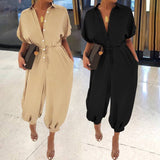 2020 European and American New Jumpsuit Casual Jumpsuit Women's Short-Sleeved Button Jumpsuit Loose plus Size