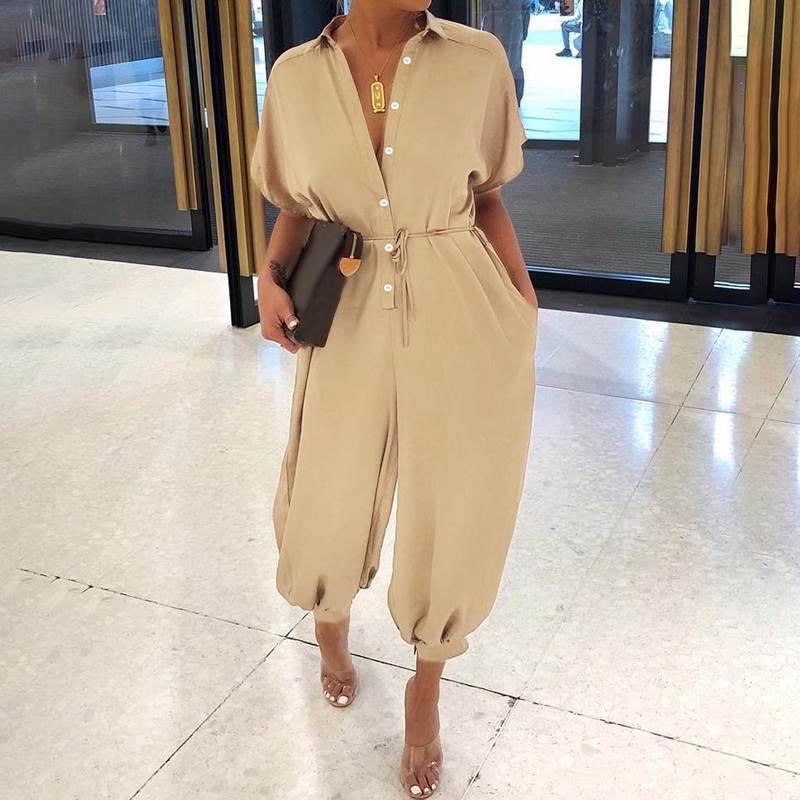 2020 European and American New Jumpsuit Casual Jumpsuit Women's Short-Sleeved Button Jumpsuit Loose plus Size