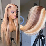 Long Straight Brown Blonde Highlight Wig Human Hair Colored Honey Blonde Lace Front Wigs for Women Straight Synthetic Lace Frontal Wig Preplucked