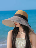 peopleterritory Women Summer Travel Large Brim Sunproof Spliced Hat QW1036