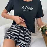 Womens Casual Stripe Print Pajama Set - Soft Mid-Elasticity Polyester Short Sleeve Crew Neck Top & Drawstring Shorts for Spring/Summer - Cute Sleepwear for Adults