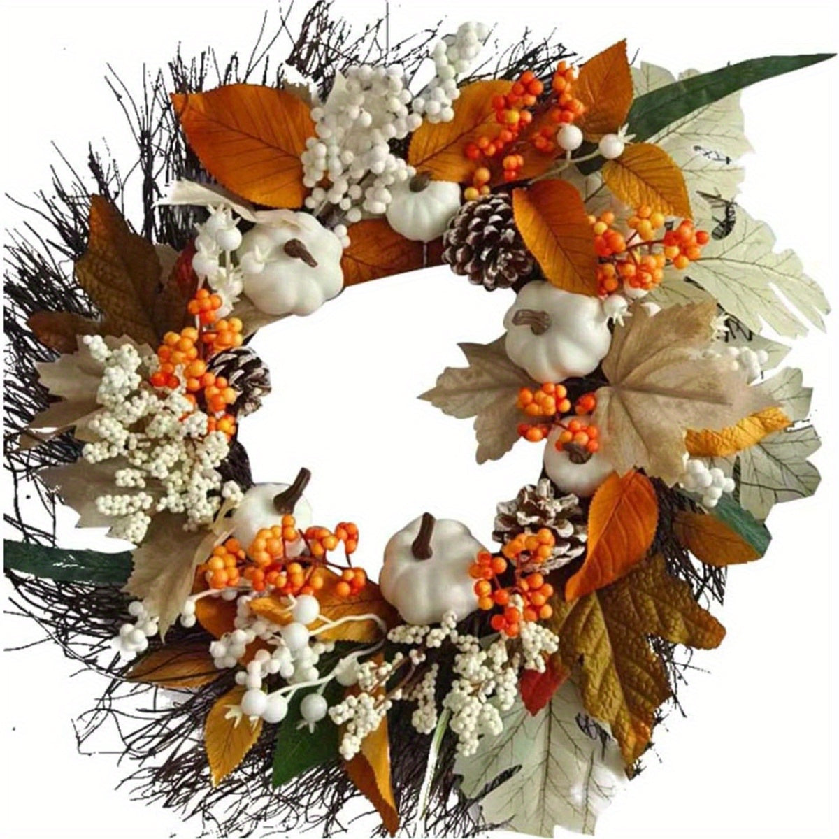 17.7inch White Pumpkins Fall Wreaths for Front Door with Pine Cones, Maple Leaf, and Berries Bunch Decoration for Thanksgiving Harvest Festival Indoor/Outdoor