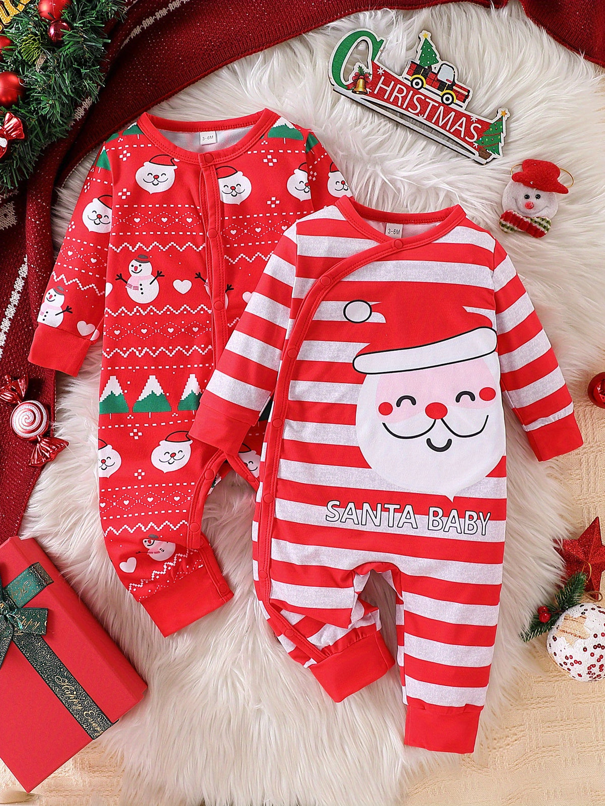 2pcs, Xmas Santa Claus & Snowman Pattern Striped Jumpsuit For Baby Boy's Fall Winter Outdoor Wear