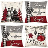 4pcs/ set Merry Christmas Xmas Tree Bow Pillow Covers, Farmhouse Christmas Tree Decorations, Merry Christmas Tree Hello Winter Holiday Decor Throw Cushion Cases For Couch Sofa Living Room Outdoor, Without Pillow Inserts, 18*18Inch