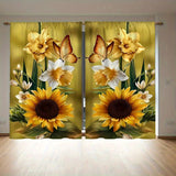 2pcs Contemporary Flower Butterfly Printed Semi-Transparent Polyester Curtains - Easy Machine Wash, Versatile for Living Room, Bedroom, Office - No-Electricity Decorative Drapes