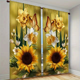 2pcs Contemporary Flower Butterfly Printed Semi-Transparent Polyester Curtains - Easy Machine Wash, Versatile for Living Room, Bedroom, Office - No-Electricity Decorative Drapes