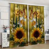 2pcs Contemporary Flower Butterfly Printed Semi-Transparent Polyester Curtains - Easy Machine Wash, Versatile for Living Room, Bedroom, Office - No-Electricity Decorative Drapes