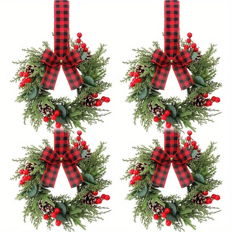 4-Pack Traditional Christmas Mini Wreaths, Artificial Snowy Cedar with Plaid Ribbon, Farmhouse Style Cabinet Hanging Wreaths for Kitchen, Holiday Xmas Window & Door Decor, No Power Required