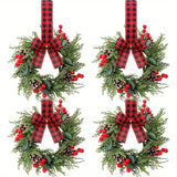 4-Pack Traditional Christmas Mini Wreaths, Artificial Snowy Cedar with Plaid Ribbon, Farmhouse Style Cabinet Hanging Wreaths for Kitchen, Holiday Xmas Window & Door Decor, No Power Required