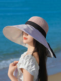 peopleterritory Women Summer Travel Large Brim Sunproof Spliced Hat QW1036