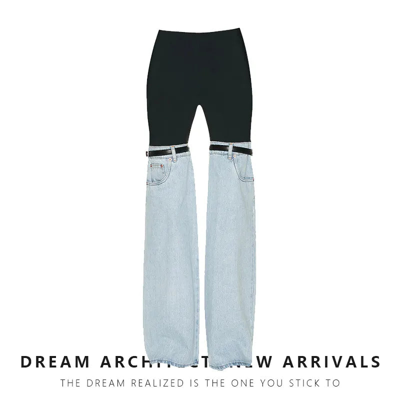 Fashion Women' Jeans Slim Deconstruct Panelled Patchwork High Waist Split Blue Long Denim Pants Autumn