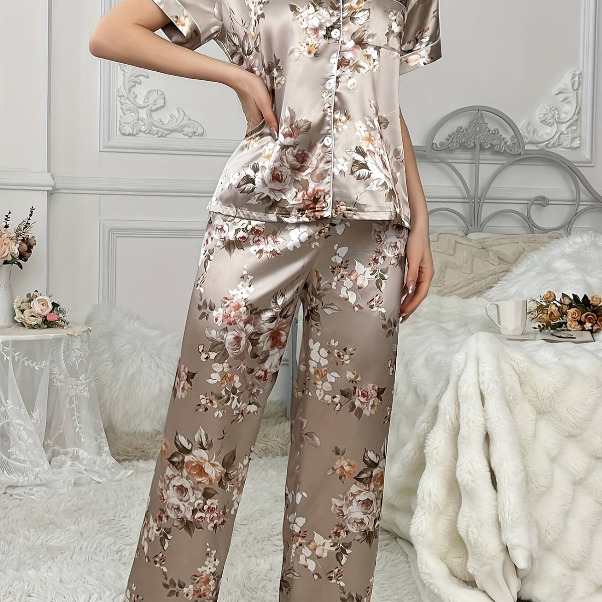 Womens Floral Print Satin Relaxed Fit Pajama Set - Soft, Breathable, and Comfortable Short Sleeve Top and Long Pants with Lapel Collar, Placket, and Random Printing - Perfect for Summer, Teen Girls and Casual Loungewear