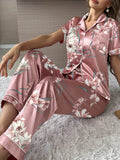 Womens Satin Floral Print Relaxed Fit Pajama Set - Soft, Breathable, and Comfortable Short Sleeve Lapel Top and Pants with Micro Elasticity - Perfect for All Seasons