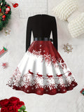 Elegant Vintage-Inspired Christmas Reindeer & Snowflake Print Dress for Women - Long Sleeve, Round Neck with Belted Waist, Stretchy Polyester Blend, Machine Washable - Perfect for Fall/Winter