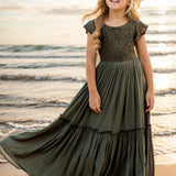 Big Girls Enchanting Floral Lace Maxi Dress - Birthday Princess Gown with Ruffled Smocked Hem - Perfect for Piano Performances & Glamorous Parties