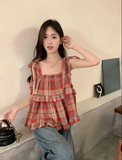 Territory 2024 Summer New Fungus Vest for Women Fashion Vintage Red Plaid Tank Top Y2k E-Girl Sleeveless Straight Loose Camisole Tops