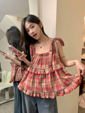 Territory 2024 Summer New Fungus Vest for Women Fashion Vintage Red Plaid Tank Top Y2k E-Girl Sleeveless Straight Loose Camisole Tops