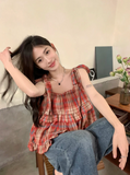 Territory 2024 Summer New Fungus Vest for Women Fashion Vintage Red Plaid Tank Top Y2k E-Girl Sleeveless Straight Loose Camisole Tops