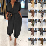 2020 European and American New Jumpsuit Casual Jumpsuit Women's Short-Sleeved Button Jumpsuit Loose plus Size