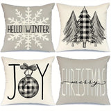 4pcs 18x18 Linen Blend Christmas Pillow Covers - Buffalo Plaid, Christmas Tree, Joy, Snow, Merry Christmas Designs, Winter Holiday Throw Pillows, Farmhouse Decor for Couch