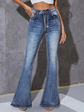 Ultra-Stretch Bell Bottom Jeans - Distressed Wash, Trendy Slant Pockets & Whiskering - Premium Denim Womens Clothing