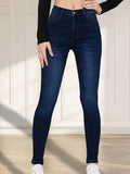 Women's Dark Blue Washed Plain Stretchy Skinny Jeans, Elegant Style, Denim Pants For Casual Wear