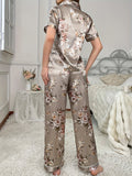 Womens Floral Print Satin Relaxed Fit Pajama Set - Soft, Breathable, and Comfortable Short Sleeve Top and Long Pants with Lapel Collar, Placket, and Random Printing - Perfect for Summer, Teen Girls and Casual Loungewear