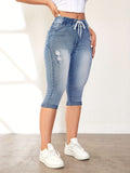 Drawstring Elastic Waist Ripped Jeans, High Stretch Washed Under The Knee Denim Pants, Women's Denim Jeans & Clothing