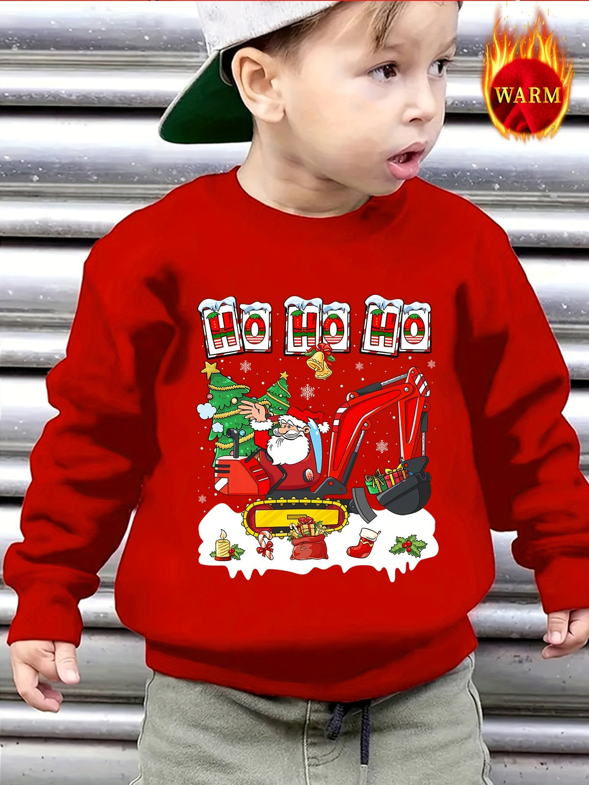 Chicfull Christmas Sweatshirt with Santa Claus And Excavator Print - Casual Style, Round Neck, Stretch Fabric, Letter Pattern, All Seasons - Polyester, Knitted, Regular Fit - for Christmas, Boys